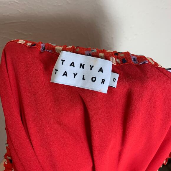 Tanya Taylor Daria Silk Midi Dress Size 8 Red Geo Print Chiffon Ruffles - Picture 8 of 12